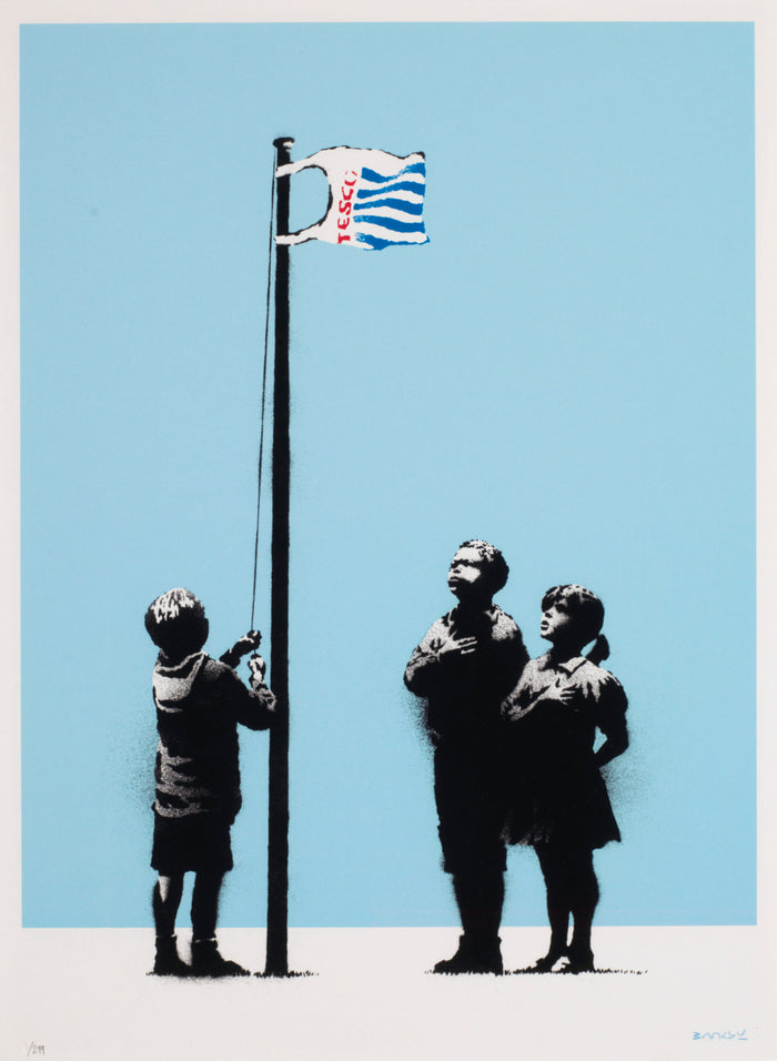 Banksy print on a blue background depicting three children looking up to a tescos flag saluting