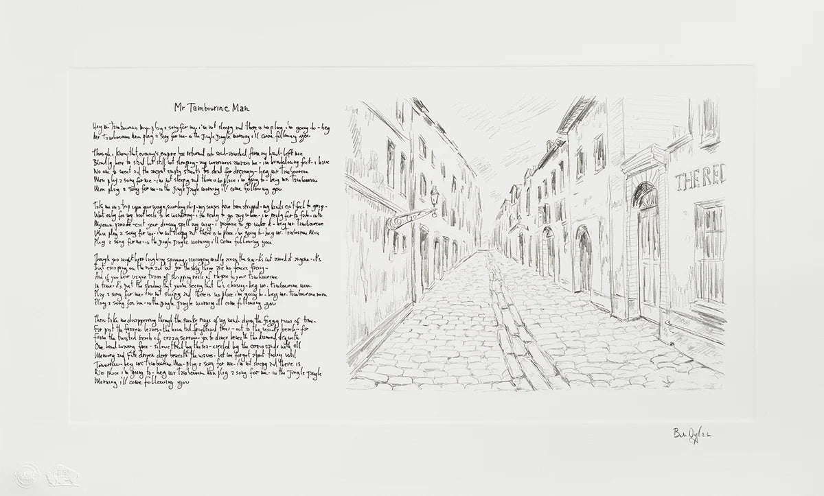 A black and white art print featuring a pencil-style sketch of a European street on the right and a poem titled 'Mr. Tambourine Man' on the left, presented on a light gray background.