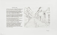 A black and white art print featuring a pencil-style sketch of a European street on the right and a poem titled 'Mr. Tambourine Man' on the left, presented on a light gray background.