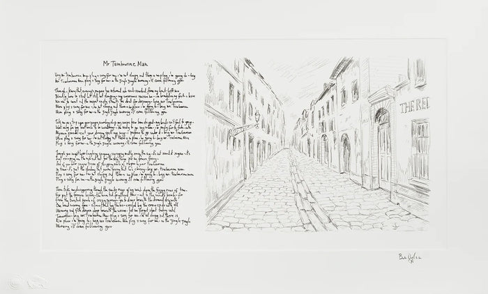 A black and white art print featuring a pencil-style sketch of a European street on the right and a poem titled 'Mr. Tambourine Man' on the left, presented on a light gray background.