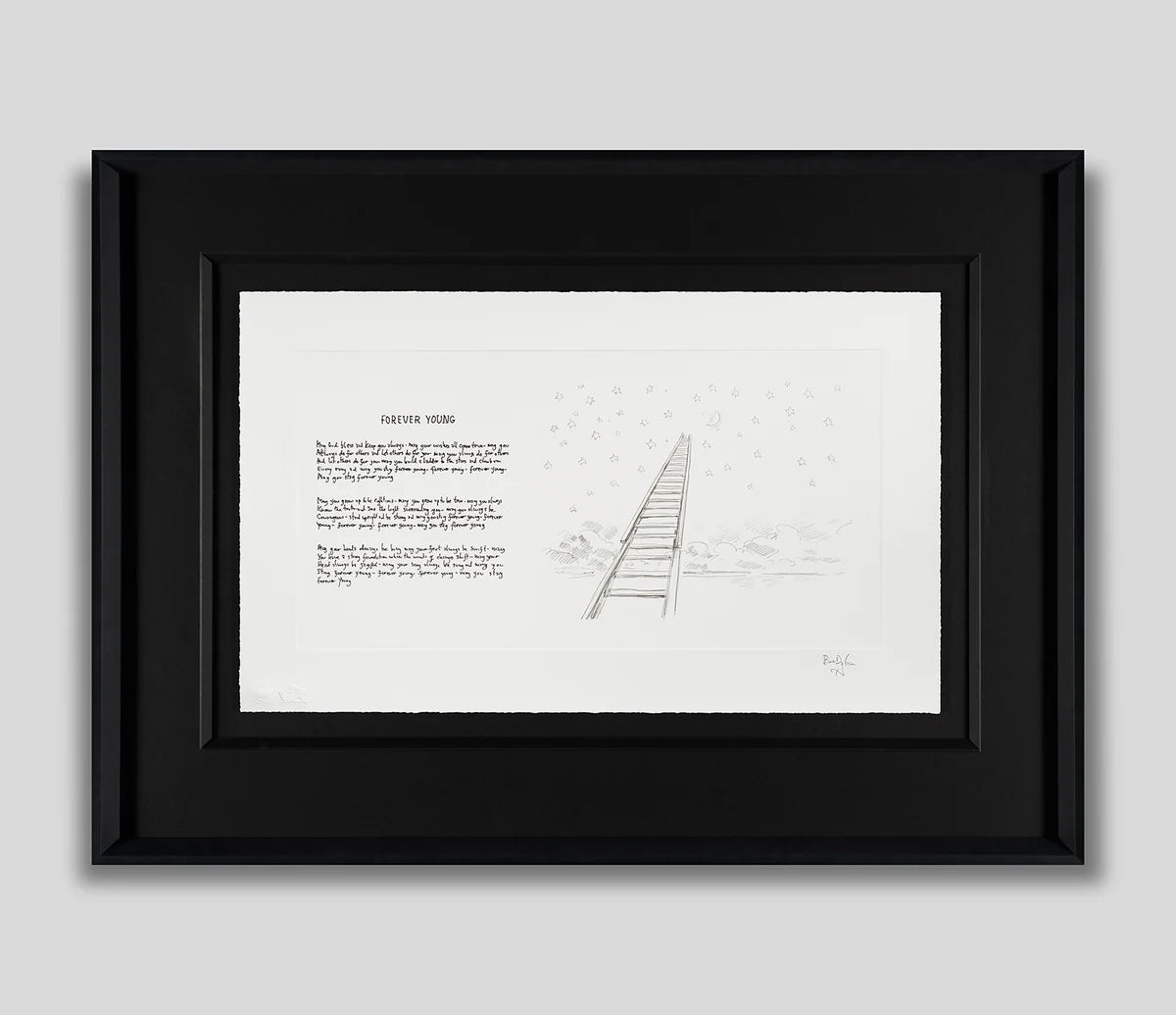 A framed art print featuring a black and white illustration of a ladder leading upwards, accompanied by a poem titled 'CREATE YOUR OWN'. The print is mounted with a wide white mat inside a thick black frame, set against a neutral light gray background.