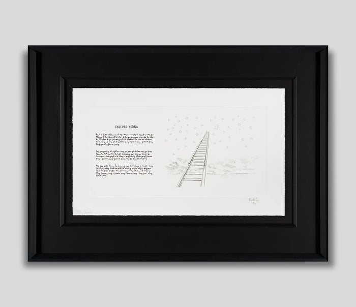 A framed art print featuring a black and white illustration of a ladder leading upwards, accompanied by a poem titled 'CREATE YOUR OWN'. The print is mounted with a wide white mat inside a thick black frame, set against a neutral light gray background.