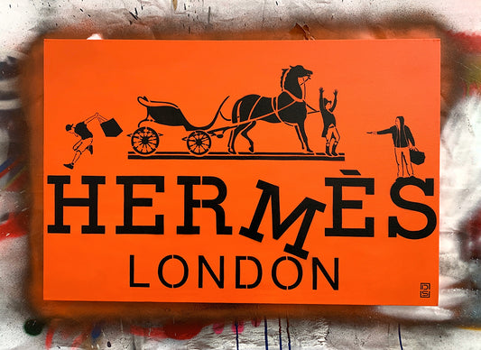 Embrace the vibrancy of urban life with this captivating original artwork by renowned urban artist DS. "Hermes London (Orange)" is a masterful blend of orange spray paint and hand-cut stencils, capturing the essence of the iconic Hermes Street in London, a neighborhood undergoing rapid transformation. This exclusive piece, hand-signed by the artist, is a true gem for art collectors seeking to add a touch of authenticity and urban energy to their collection.