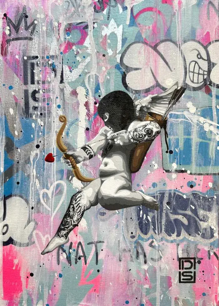 A poignant and captivating original artwork by DS, "Cupid (Pink and Blue)" is a heartfelt tribute to the late Background Bob. This unique piece seamlessly blends acrylic and spray paint, meticulously layered over 25 stencils to create a mesmerizing blend of textures and colors. The delicate interplay of hues, with a focus on pink and blue, evokes the essence of love and loss, making it a profound testament to the artist's emotional depth and artistic mastery. This exclusive piece, hand-signed by DS