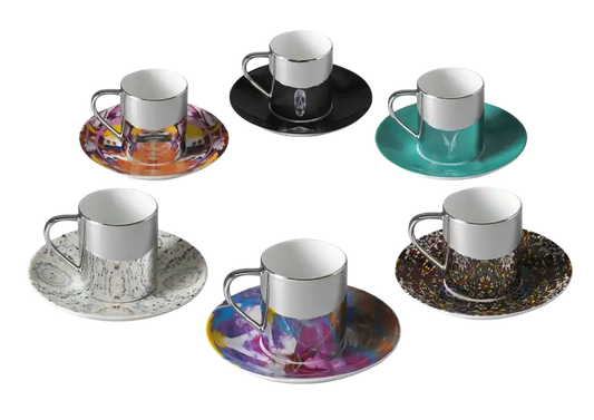 Damien Hirst, Mixed Set of 6 Anamorphic Expresso Cups presented on white background
