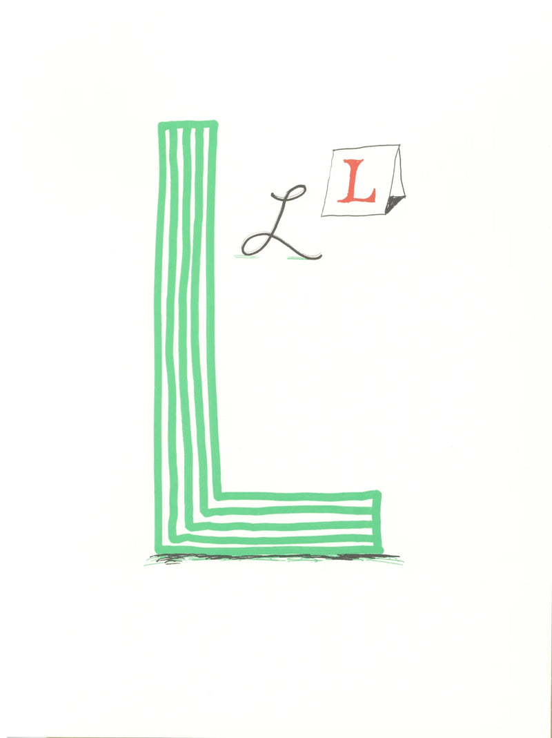 David Hockney, 'L' from 'Hockney's Alphabet', 1991Limited edition David Hockney lithograph from the Hockney’s Alphabet series, featuring pop-art inspired letter illustration, iconic in contemporary art. Available framed or unframed for collectors at Smolensky Gallery