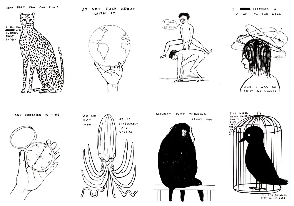 David Shrigley, Animals & Existentialism and Human Behaviour (set of 8), 2022 art for sale from Smolensky Gallery
