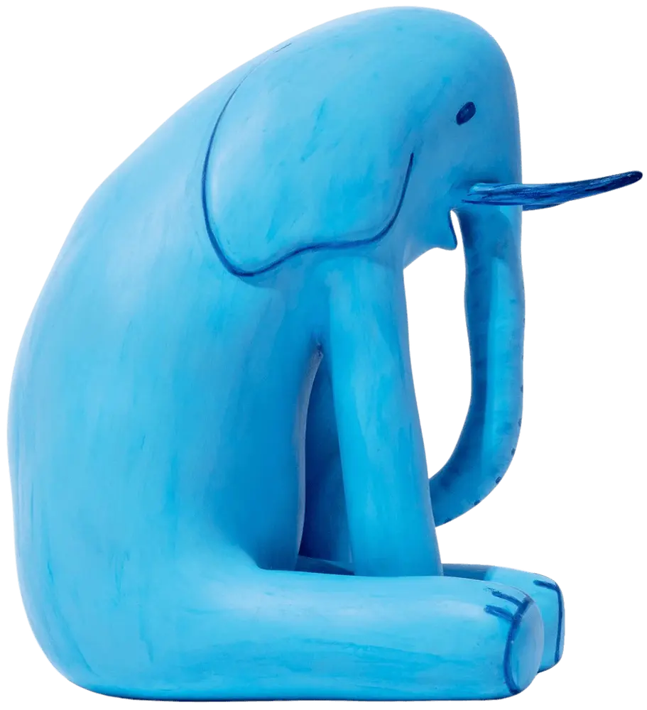 photo of sculpture depicting a blue cartoonish elephant. Buy David Shrigley, David Shrigley Prints, David Shrigley art, David Shrigley poster, david shrigley art prints