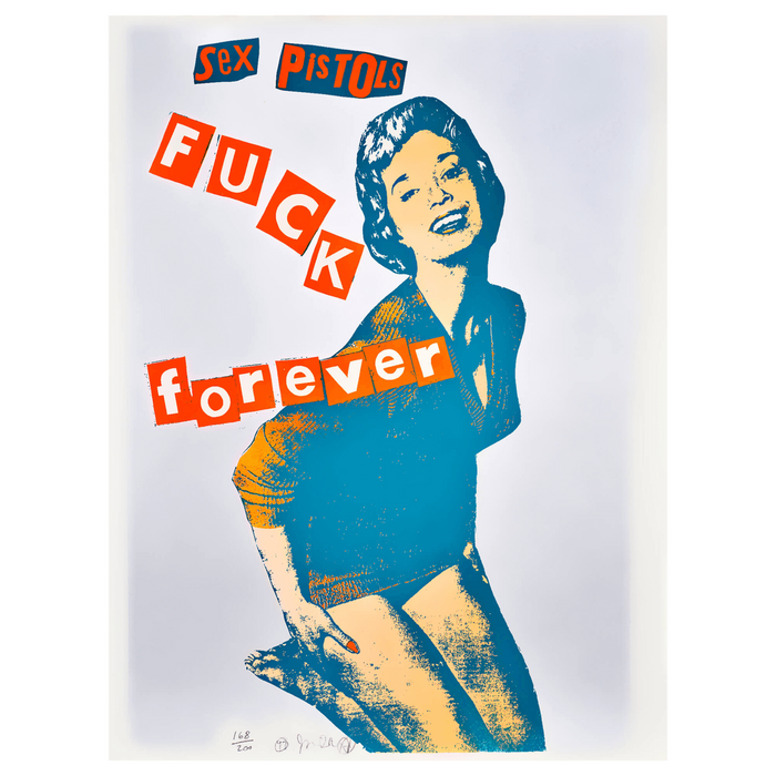 An image of Jamie Reid's FUCK FOREVER artwork, with a light blue background and red lettering stating sex pistols fuck forever.