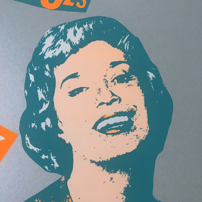 A zoomed in image of Jamie Reid's fuck forever artwork, focusing on the woman's face in a teal and orange colourway.