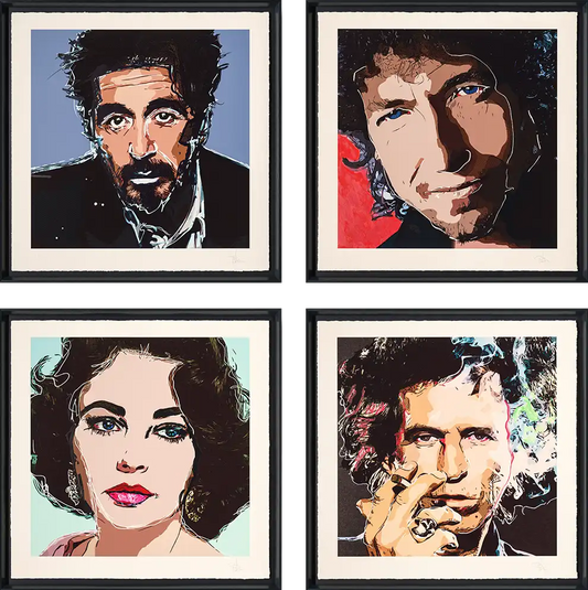 Johnny Depp artwork featuring 4 prints each of  Elizabeth Taylor, Bob Dylan, Al Pacino and Keith Richards  from the Friends & Heroes series produced in 2022