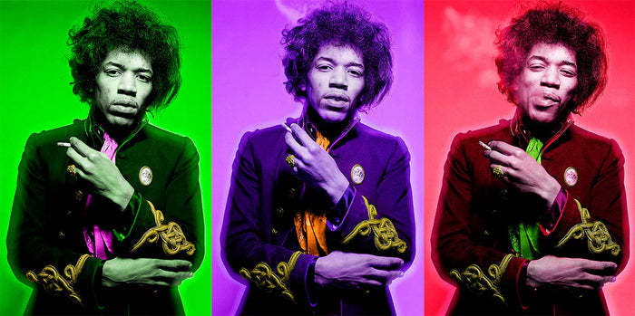 Gered Mankowitz, Jimi Hendrix photographed smoking in London, 1967, colorized Limited edition fine art photograph by Gered Mankowitz, capturing iconic portraits of legendary musicians and cultural icons. Available at Smolensky Gallery