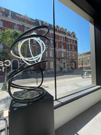 Mark Beattie Tall Neon Spiral - Unique White Neon Sculpture on Copper and Stainless Steel Plinth for Outdoor Display