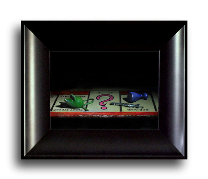 Original Artwork from Bryan Hibble titled I suspect Mice, the image contains a mouse, small sword and blue chess character on a monlopoly board 