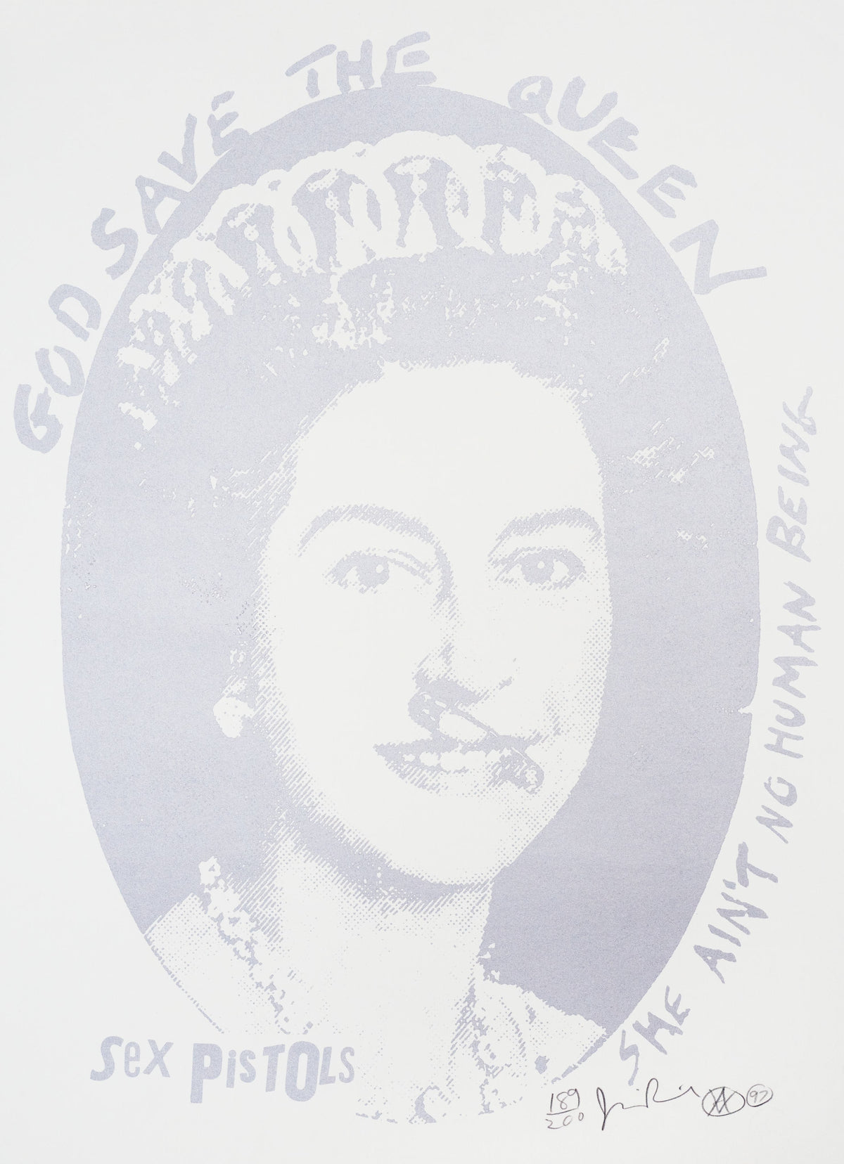 An image of a jamie reid artwork, God save the queen, in a silver and white colourway. this artwork features an early image of queen elizabeth, with a safety pin holding her mouth together, stating God save the queen, SHE AIN'T NO HUMAN BEING, Sex Pistols. the artwork is signed