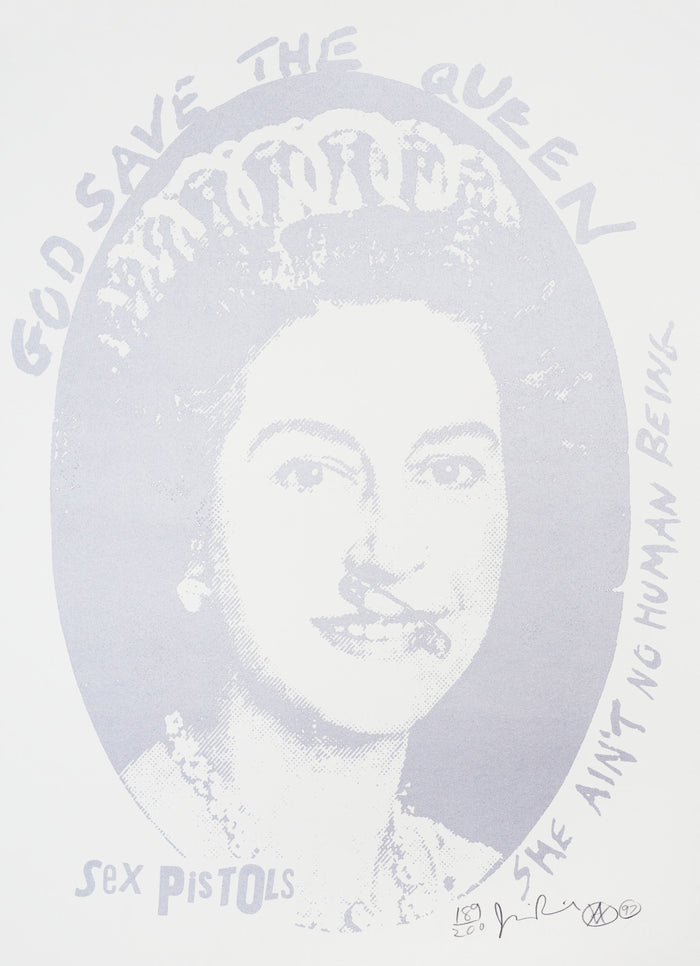 An image of a jamie reid artwork, God save the queen, in a silver and white colourway. this artwork features an early image of queen elizabeth, with a safety pin holding her mouth together, stating God save the queen, SHE AIN'T NO HUMAN BEING, Sex Pistols. the artwork is signed