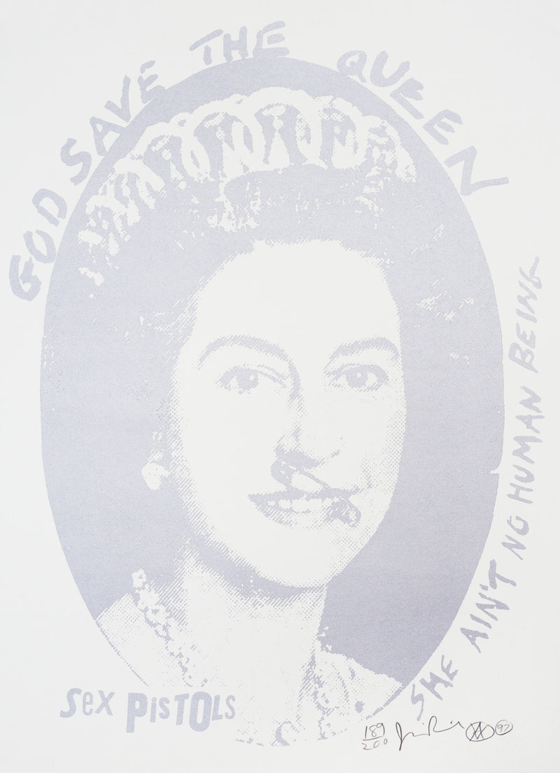 An image of a jamie reid artwork, God save the queen, in a silver and white colourway. this artwork features an early image of queen elizabeth, with a safety pin holding her mouth together, stating God save the queen, SHE AIN'T NO HUMAN BEING, Sex Pistols. the artwork is signed