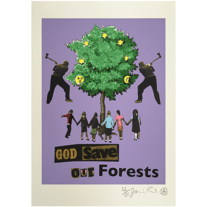 an image of an artwork by jamie reid titled 'God Save our Forests', featuring a collage of images showing children gathered around a tree, and two men with axes threatening to cut it down. these collaged images are on a purple background, with ransom lettering stating 'GOD SAVE OUR FORESTS'
