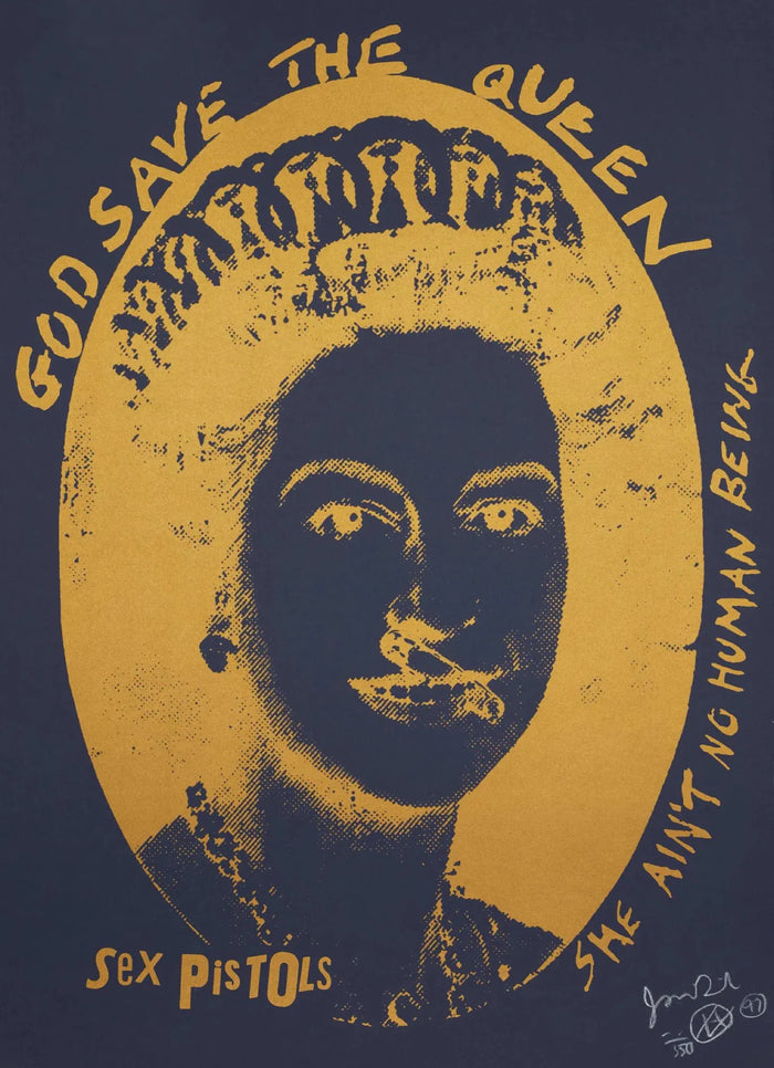 Jamie Reid, God Save The Queen, Gold on Blue