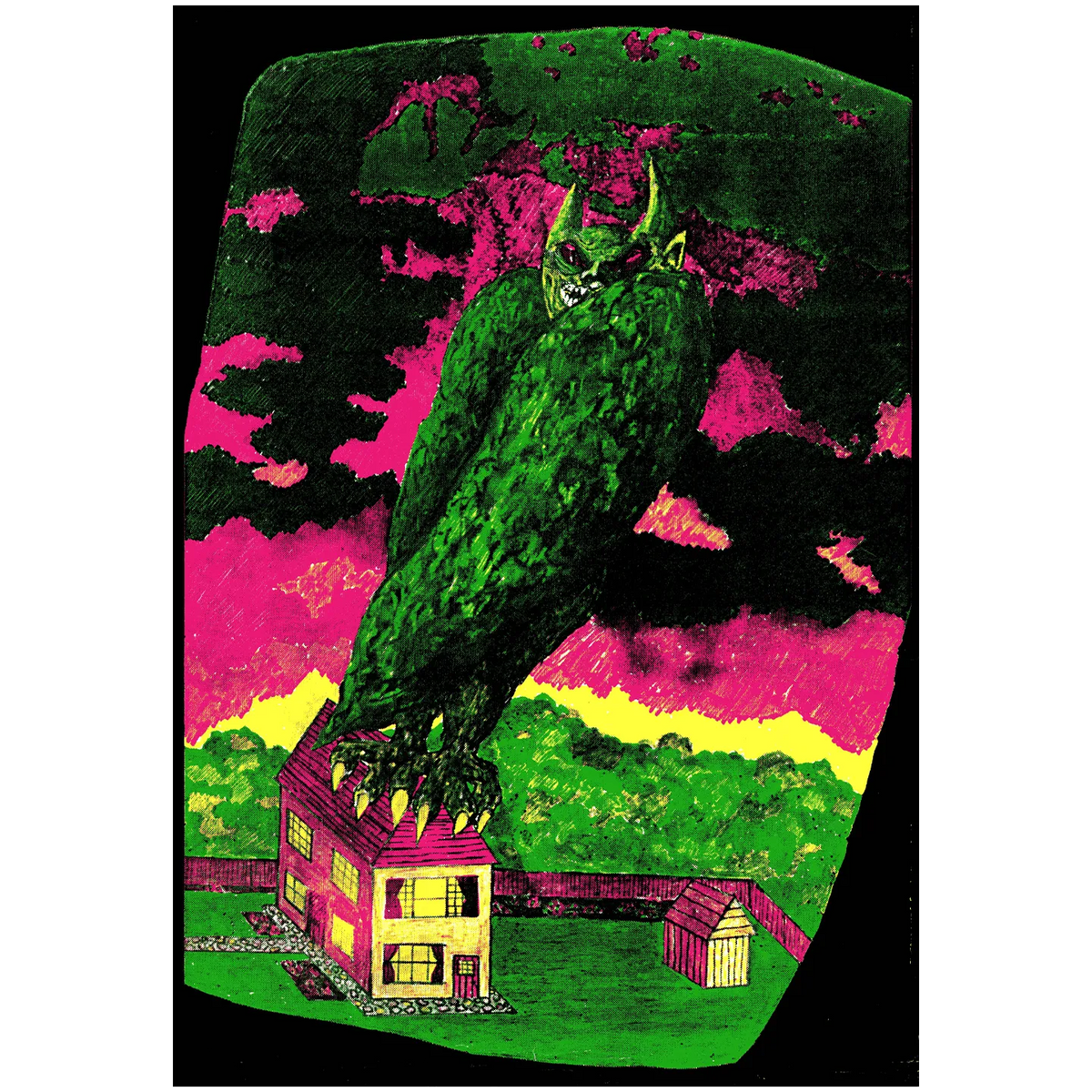 An image of the jamie reid artwork Monster on Nice Roof. The artwork features a small, suburban house, with a monster perched atop of it, with large wings, horns, and taloned feet. the colour scheme of the artwork is green, pink, and yellow.