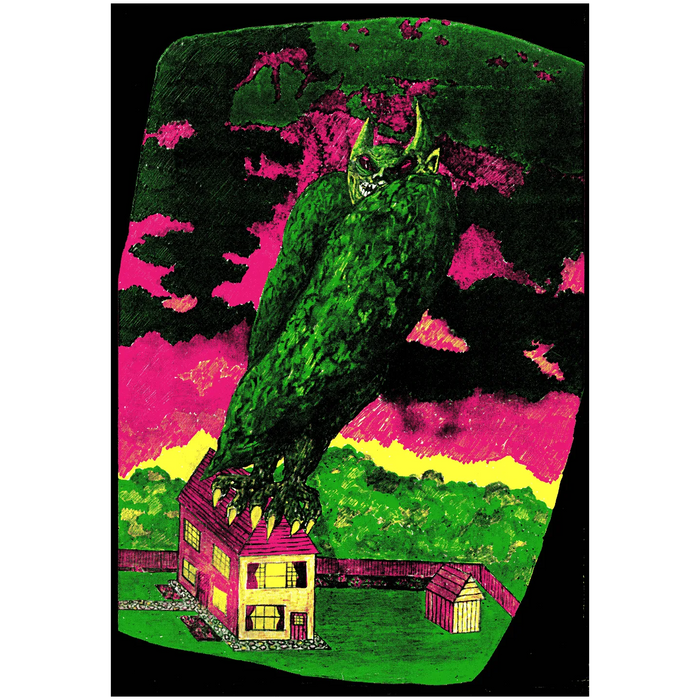 An image of the jamie reid artwork Monster on Nice Roof. The artwork features a small, suburban house, with a monster perched atop of it, with large wings, horns, and taloned feet. the colour scheme of the artwork is green, pink, and yellow.