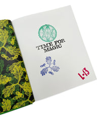 An image of the first page of Jamie Reid's TIME FOR MAGIC book, at an angle. The book has a magical symbol in the centre, above its title, a leaf and berry stamp, and is displayed against a white background