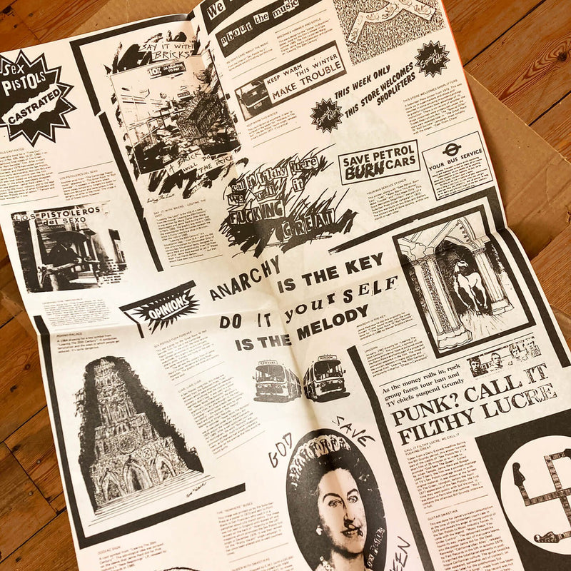 An image showing the printed reverse side of Jamie Reid's 'FUCK forever' artwork. The printed reverse state 'Anarchy is the key', 'do it yourself is the melody', and other punk motifs