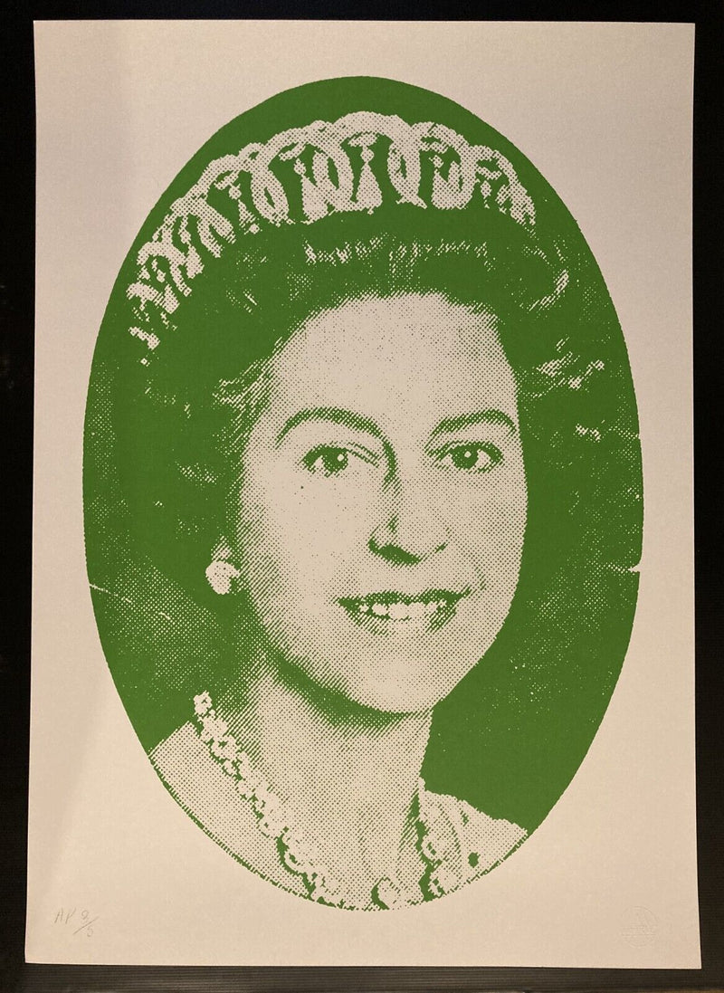 this is an image of a jamie reid artwork, god save the queen, in a green colourway. it shows queen elizabeth in a green colourway.