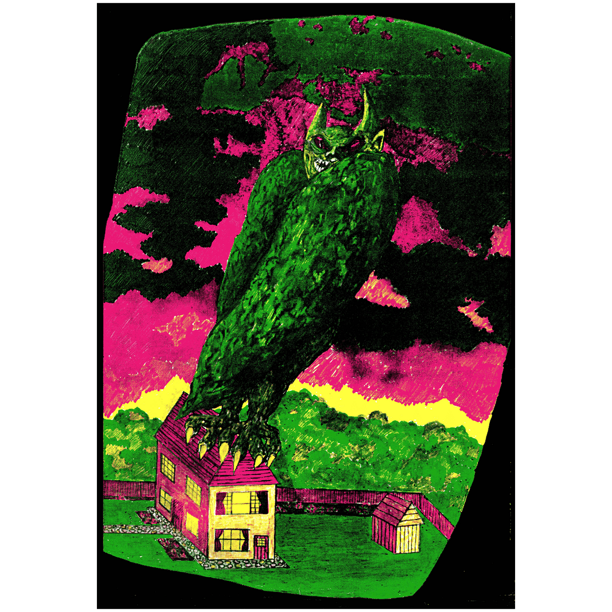An image of the jamie reid artwork Monster on Nice Roof. The artwork features a small, suburban house, with a monster perched atop of it, with large wings, horns, and taloned feet. the colour scheme of the artwork is green, pink, and yellow.