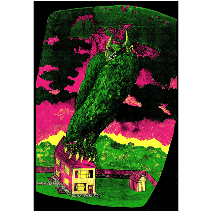 An image of the jamie reid artwork Monster on Nice Roof. The artwork features a small, suburban house, with a monster perched atop of it, with large wings, horns, and taloned feet. the colour scheme of the artwork is green, pink, and yellow.