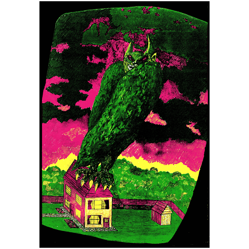 An image of the jamie reid artwork Monster on Nice Roof. The artwork features a small, suburban house, with a monster perched atop of it, with large wings, horns, and taloned feet. the colour scheme of the artwork is green, pink, and yellow.