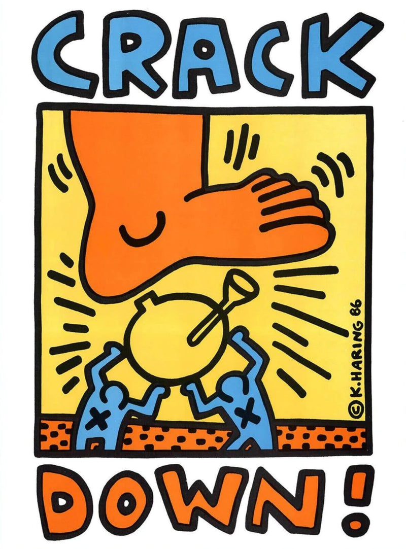 Keith Haring, Crack Down 1986 Print | Keith Haring Prints For Sale, Buy Keith Haring art prints, Keith Haring artwork. Crack Down print featuring pop art style depiction of a foot stomping on two cartoon people. Artwork features yellow, blue, and orange colours, on a white background