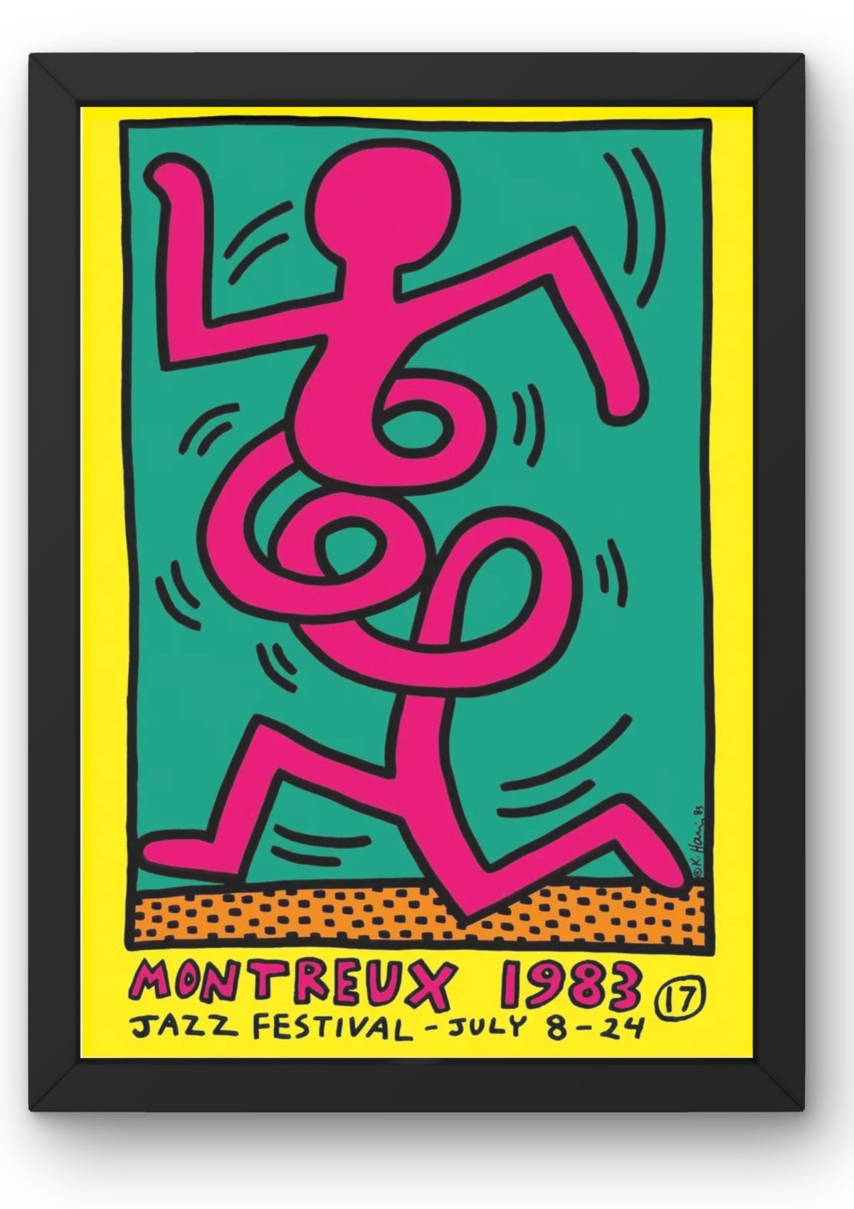 Keith Haring, Montreux Jazz Festival 1983 (Pink) print for sale with black frame