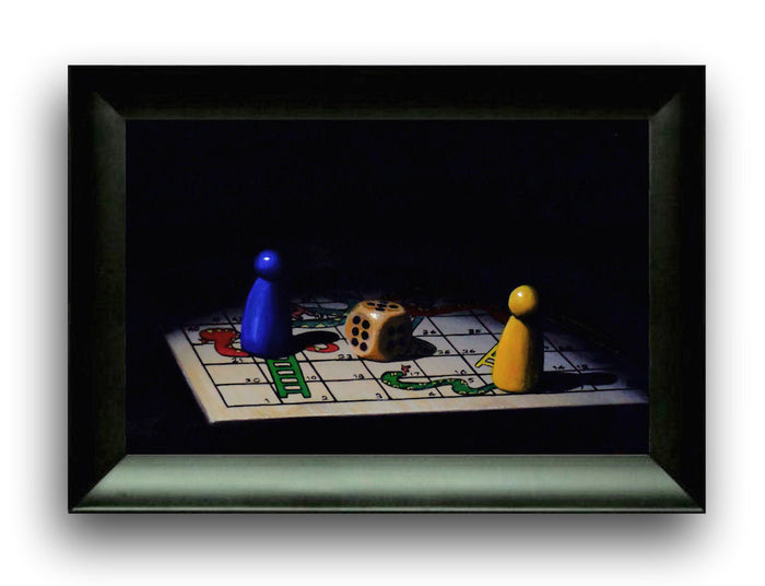 This image is of an original piece of art in an ornate frame from the artist Bryan Hible titled Life Has It's Ups And Downs, which contains a dice a blue and yellow pawn on a snakes and ladders board game 