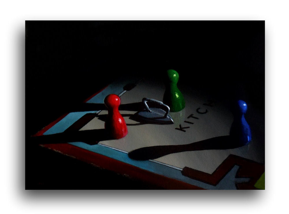 Original artwork by Bryan Hible titled after the oasis song dont look back in anger depicting a blue, green, and green pawn on a monopoly board alongside a mettle kettle 