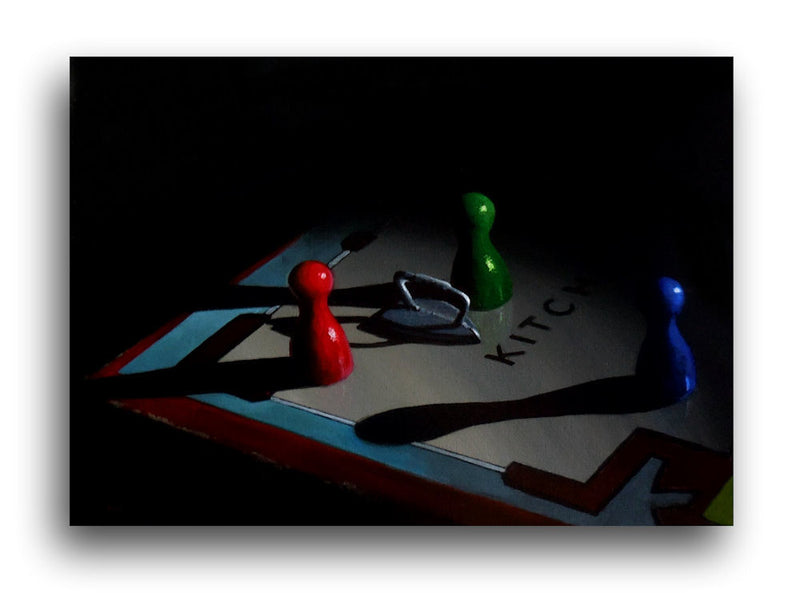 Original artwork by Bryan Hible titled after the oasis song dont look back in anger depicting a blue, green, and green pawn on a monopoly board alongside a mettle kettle 