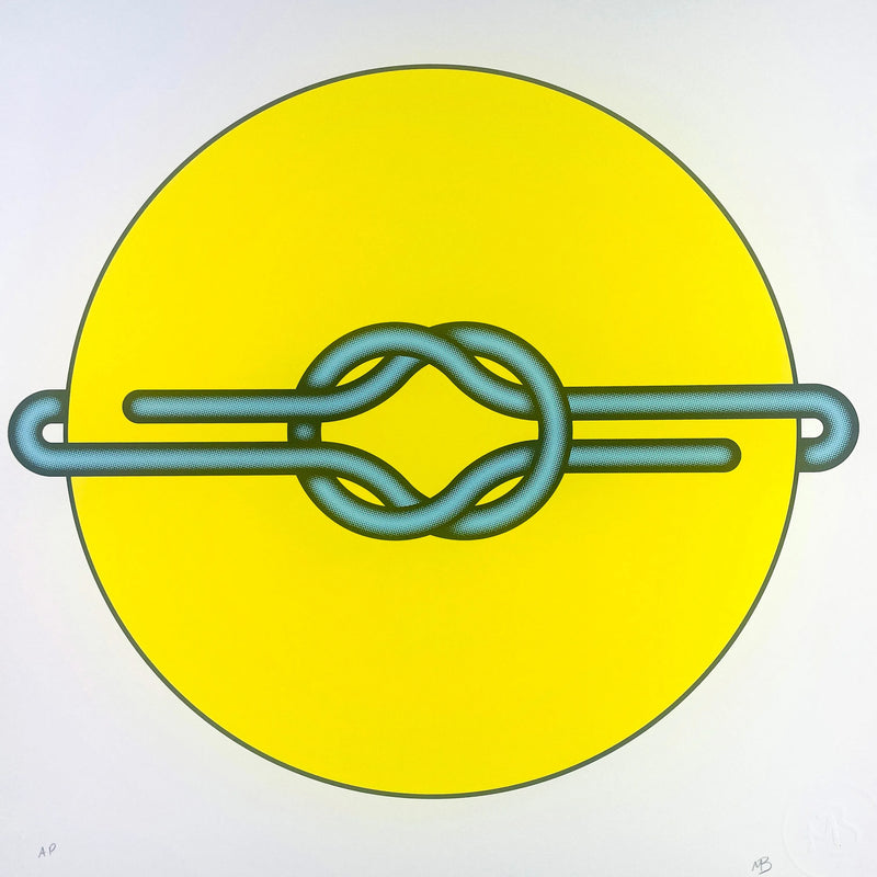 Immerse your space in the vibrant charm of Mark Beattie's Love Knot (Blue in Yellow). This limited edition 3-color screenprint on Somerset satin white 410gsm paper, measuring 40 x 40cm, is part of an exclusive edition of 10. Explore the dynamic interplay of colors and forms, where artistic precision meets limited edition exclusivity