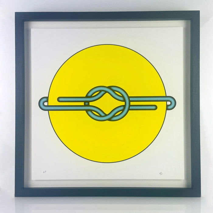 Immerse your space in the vibrant charm of Mark Beattie's Love Knot (Blue in Yellow). This limited edition 3-color screenprint on Somerset satin white 410gsm paper, measuring 40 x 40cm, is part of an exclusive edition of 10. Explore the dynamic interplay of colors and forms, where artistic precision meets limited edition exclusivity