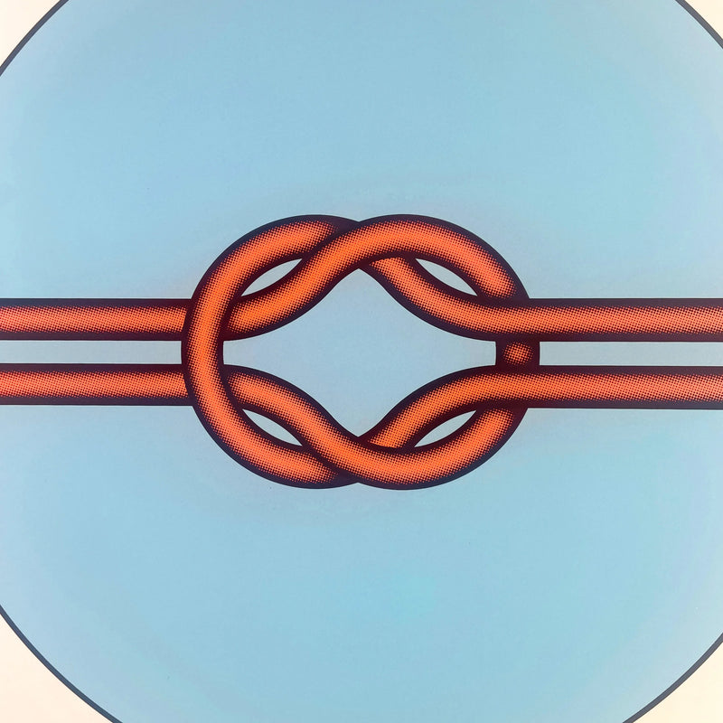 Explore the captivating artistry of Mark Beattie's Love Knot (Blue in Orange). This limited edition 3-color screenprint on Somerset satin white 410gsm paper measures 40 x 40cm and is part of an exclusive edition of 10. Immerse your space in the dynamic interplay of colors and forms, where artistic precision meets limited edition exclusivity