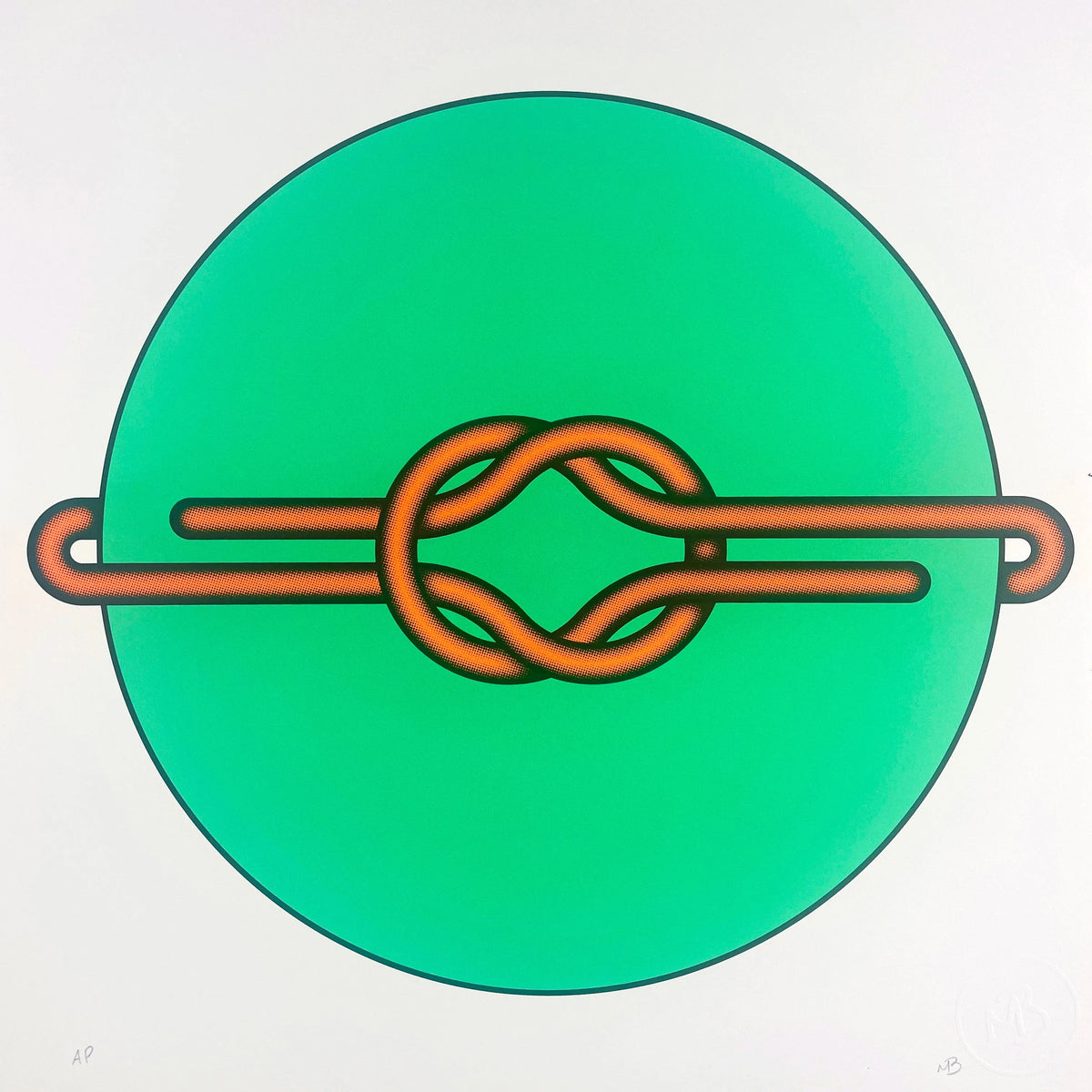 Elevate your art collection with Mark Beattie's Love Knot (Orange in Green), a limited edition 3-color screenprint on Somerset satin white 410gsm paper. With dimensions of 40 x 40cm, this exclusive artwork is part of a limited edition of 10, showcasing Beattie's mastery of color and form. Immerse your space in the enchanting allure of Love Knot, where artistic precision and limited edition exclusivity converge