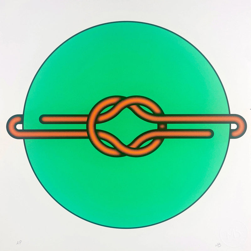 Elevate your art collection with Mark Beattie's Love Knot (Orange in Green), a limited edition 3-color screenprint on Somerset satin white 410gsm paper. With dimensions of 40 x 40cm, this exclusive artwork is part of a limited edition of 10, showcasing Beattie's mastery of color and form. Immerse your space in the enchanting allure of Love Knot, where artistic precision and limited edition exclusivity converge