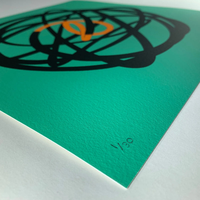 dd a burst of color to your art collection with Mark Beattie's Neon Globe (Orange and Green). This limited edition Giclée print on 310gsm Hahnemühle German Etching paper, measuring 30 x 30 cm, is part of an exclusive edition of 30. Elevate your space with the captivating interplay of colors and forms, where artistic precision meets limited edition exclusivity.