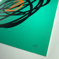 dd a burst of color to your art collection with Mark Beattie's Neon Globe (Orange and Green). This limited edition Giclée print on 310gsm Hahnemühle German Etching paper, measuring 30 x 30 cm, is part of an exclusive edition of 30. Elevate your space with the captivating interplay of colors and forms, where artistic precision meets limited edition exclusivity.
