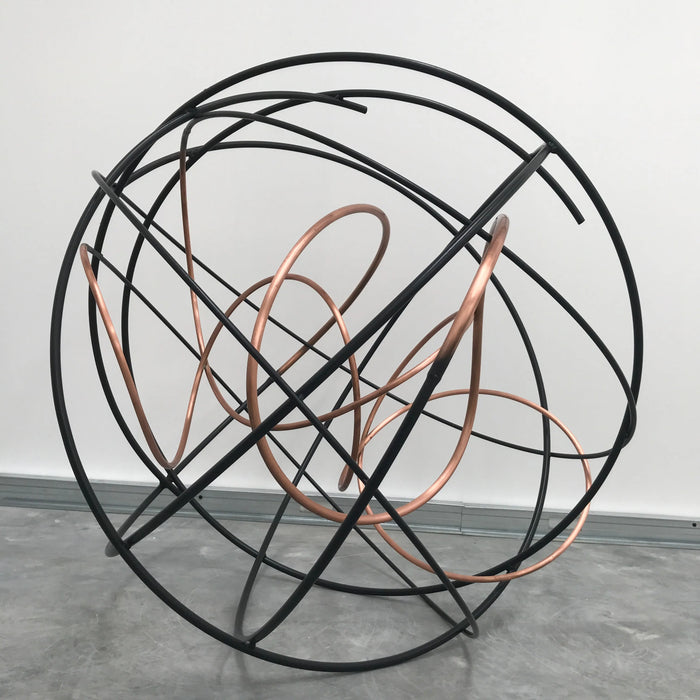 ransform your outdoor space with Mark Beattie's unique sculpture, Orbital XV. Crafted from polished copper and painted steel, this one-of-a-kind masterpiece stands at 90 x 90 x 90cm. The dynamic blend of materials and artistic flair make it a captivating addition to any outdoor setting. Elevate your exterior design with the industrial elegance of Orbital XV, where craftsmanship meets durability in perfect harmony