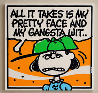 A square framed art print featuring a stylised cartoon illustration of a girl in a green cap with the text 'ALL IT TAKES IS MY PRETTY FACE AND MY GANGSTA WIT.