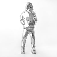 Rob Lenihans Archetype Lightwave sculpture for sale of a man with a hood with highly refelctive chrome paint 