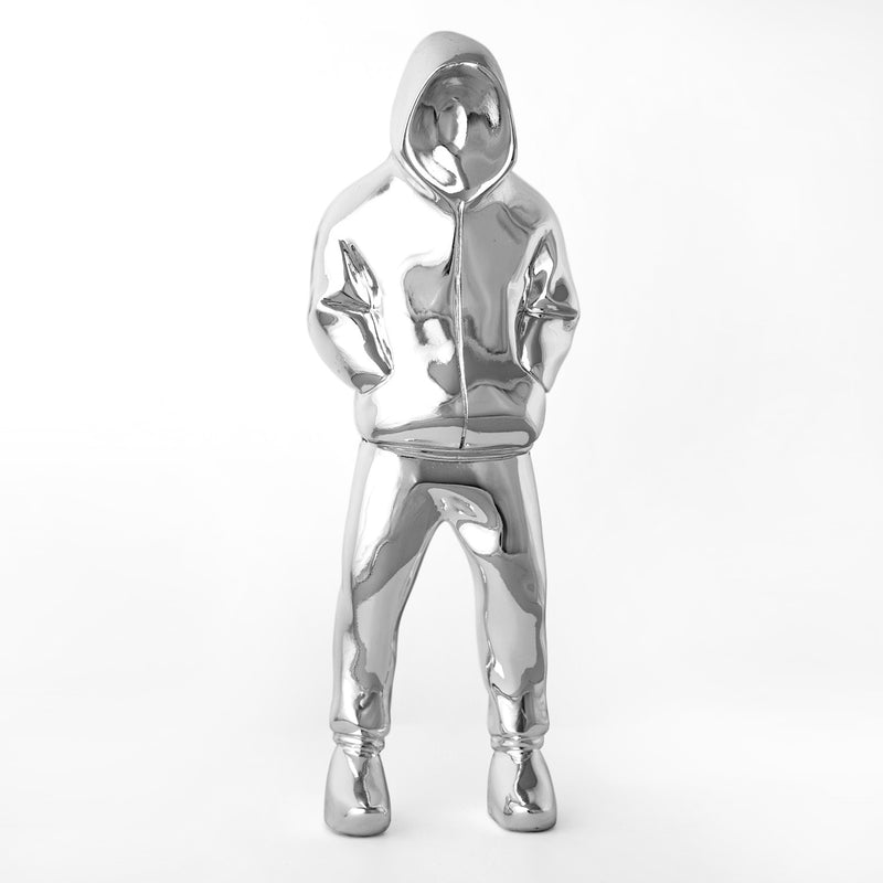 Rob Lenihans Archetype Lightwave sculpture for sale of a man with a hood with highly refelctive chrome paint 