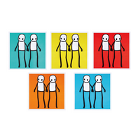 STIK, Full Set Of Hackney Holding Hands Prints 2020 | STIK Prints for Sale 5 x Lithographic print in colour (Red, Yellow, Orange, Blue & Teal) STIK prints for sale, Buy STIK art prints, STIK street art prints. Image shows 5 square images side by side, each image showing a piece of artwork with two stick figures holding hands. Each of the five pieces has a different background colour.