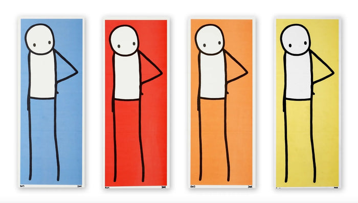 STIK, Hip Big Issue Japan Full set (Signed), 2013, 4 stik prints for sale including a blue, red, orange and yellow making up the full set of prints from the Big Issue release in 2013