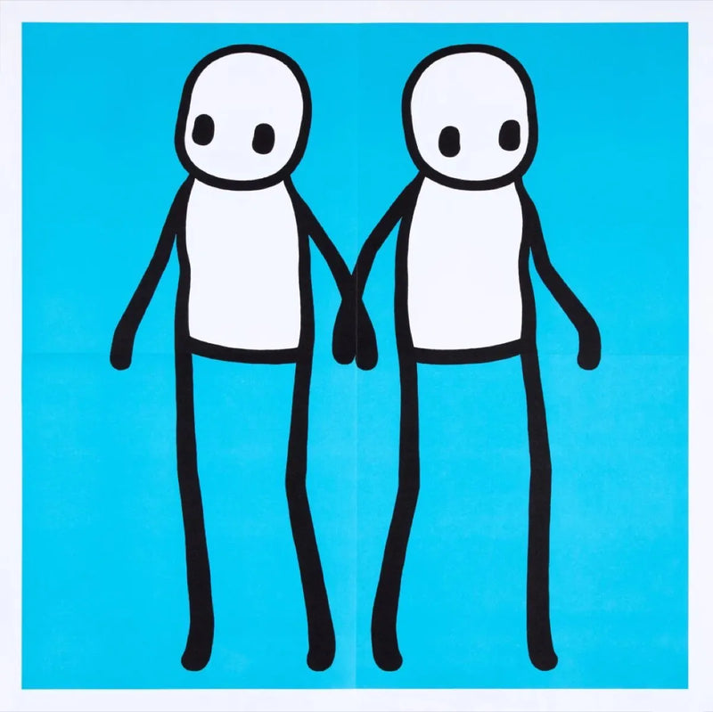 STIK, Hackney Holding Hands Print 2020 | STIK Prints for Sale STIK prints for sale, Buy STIK art prints, STIK street art prints. Image shows piece of artwork in street art style with two stick figures holding hands, on a blue background